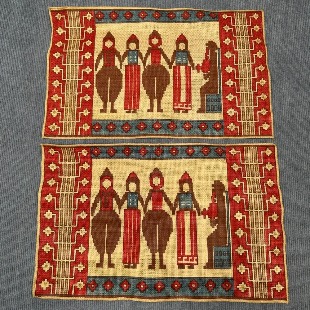 Vintage Runni Tekstiltrykk Norway Burlap Folk Art Placemats Pair Red Blue Jute